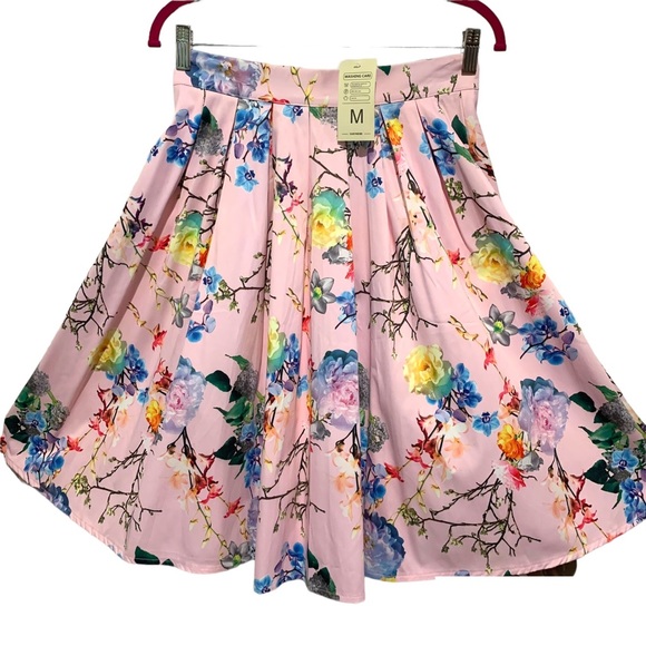 Retro Swing Full Pleated Skirt Asian Floral Pink Blue Med NWT - Picture 12 of 14